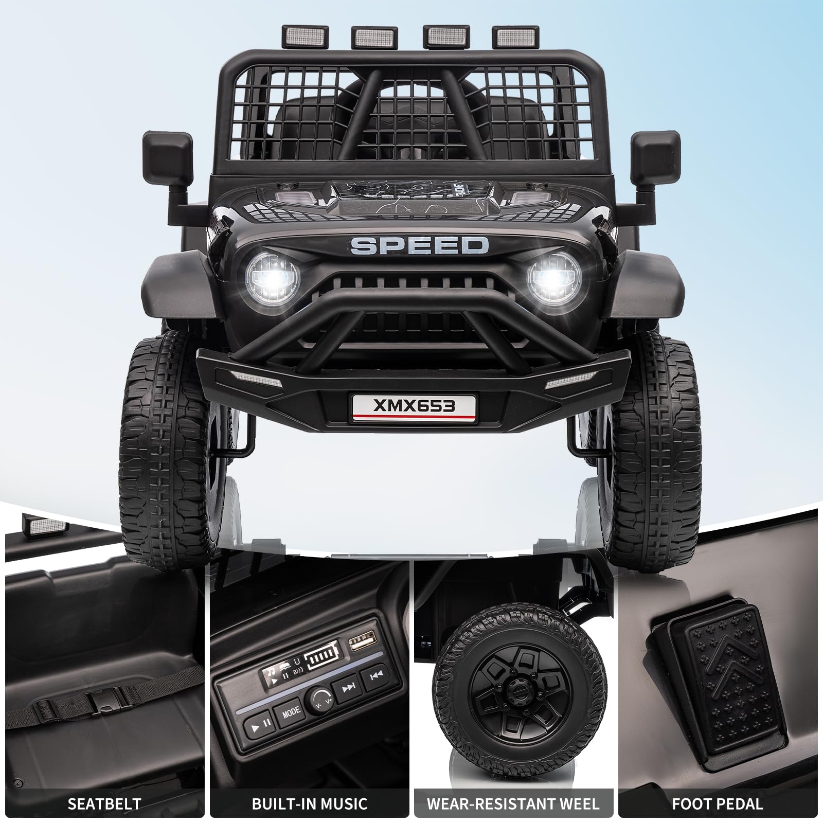 Garvee 12V Kids Ride On Truck Car with Parent Remote Control, 3 Speeds, Emergency Braking, LED Lights, Music & Horn, Black