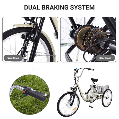 Garvee 26 Inch Adult Electric Tricycle Folding 7-Speed Electric Tricycle with Basket, 36V Detachable Battery, 250W Brushless Motor Suitable for Men and Women, Beige