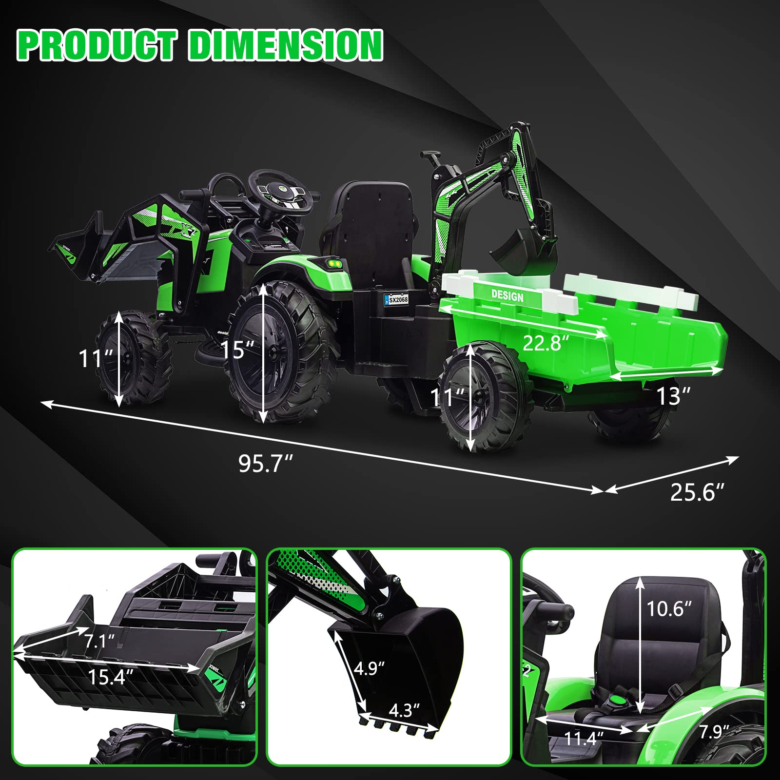 Garvee 3-in-1 Ride-On Tractor For Kid Age 3+,max 66 lbs, 24V Electric, Excavator & Bulldozer, Remote Control, LED, Music, USB/Bluetooth