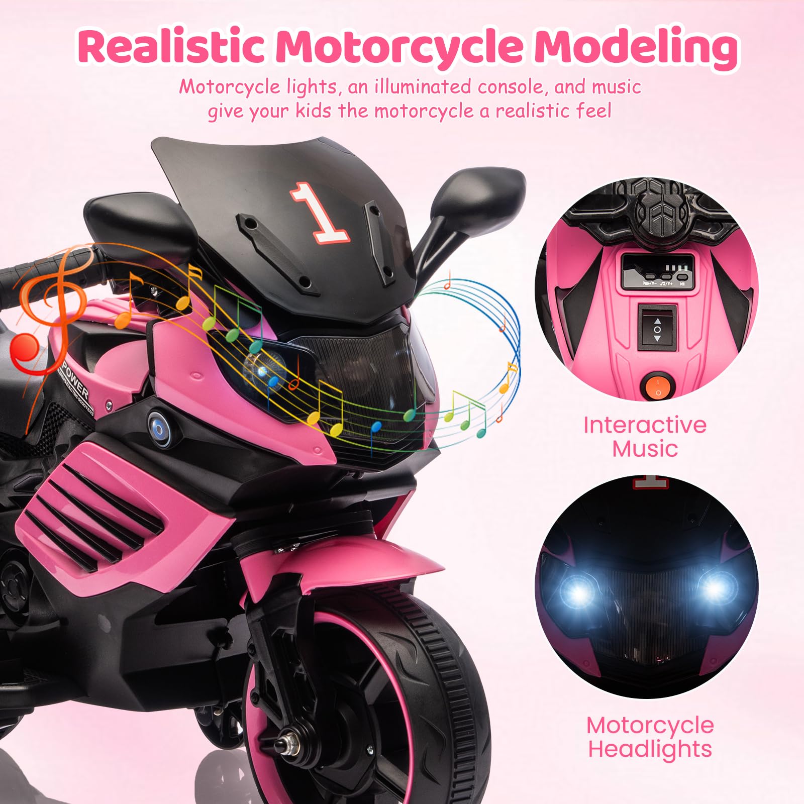 Garvee Kids 6V Ride On Motorcycle Pink With Training Wheels For Toddlers 3-6 Years, Stable Electric Toy Bike