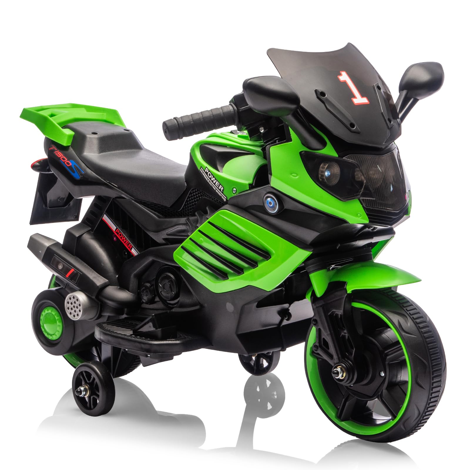 Garvee Kids 6V Ride On Motorcycle With Training Wheels, Battery Powered Toddler Motorcycle For Boys And Girls, Green, 30.31" L x 14.96" W x 19.69" H