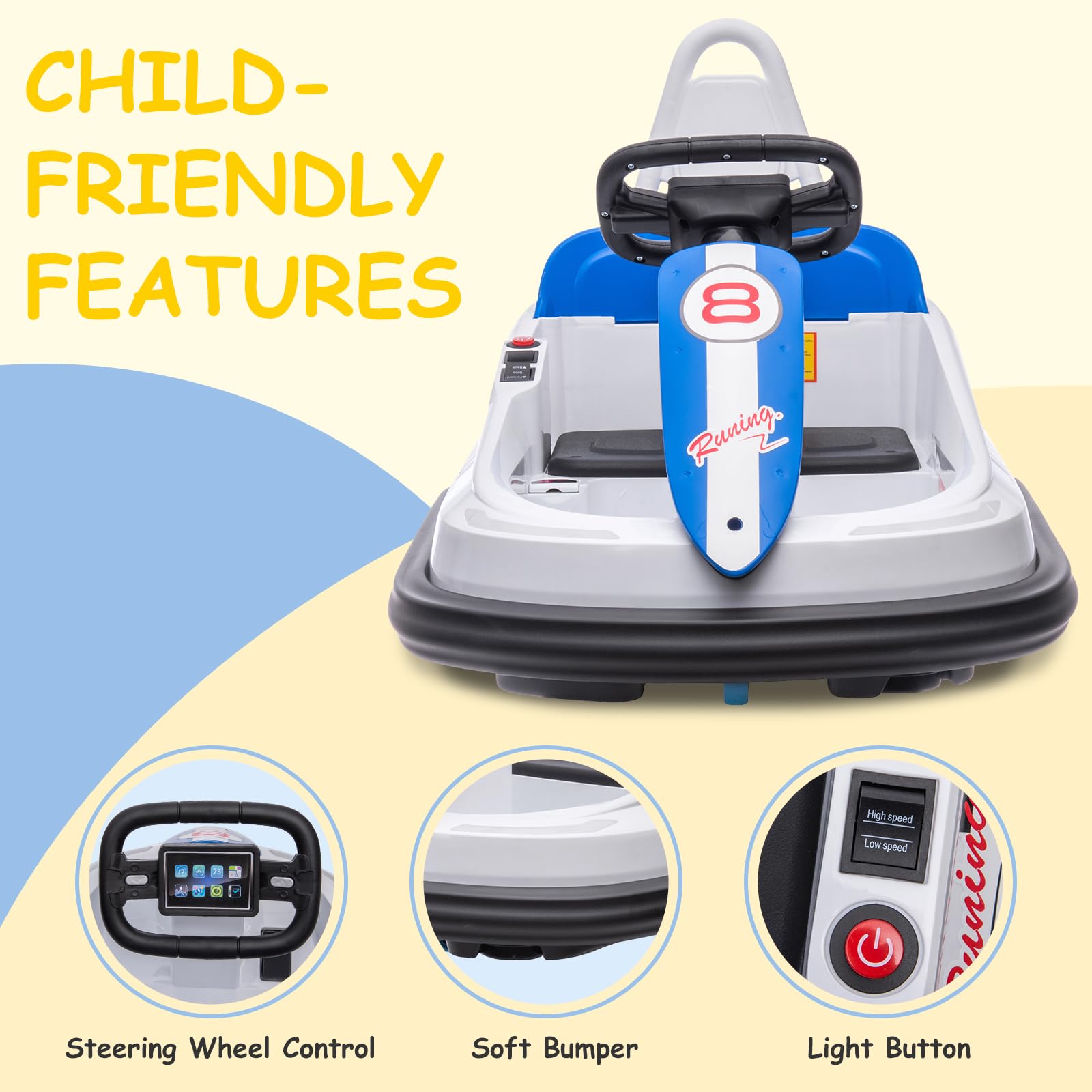 Garvee Ride - B Series: 6V Electric Ride On Toys for Kids 1.5-6 Years Old, Steering Wheel, 360 Degree Spin, 2-Speeds, Lights, Music & Horn, Safety Belts, Best for Birthday - White