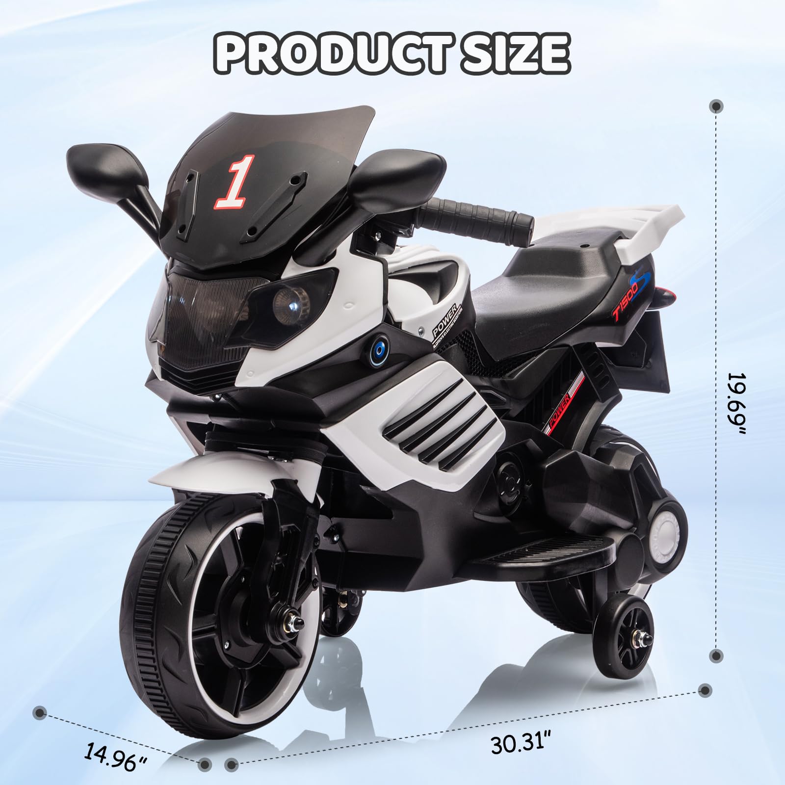 Garvee Kids 6V Ride On Motorcycle With Training Wheels For Toddlers, 30.31" L x 14.96" W x 19.69" H, White