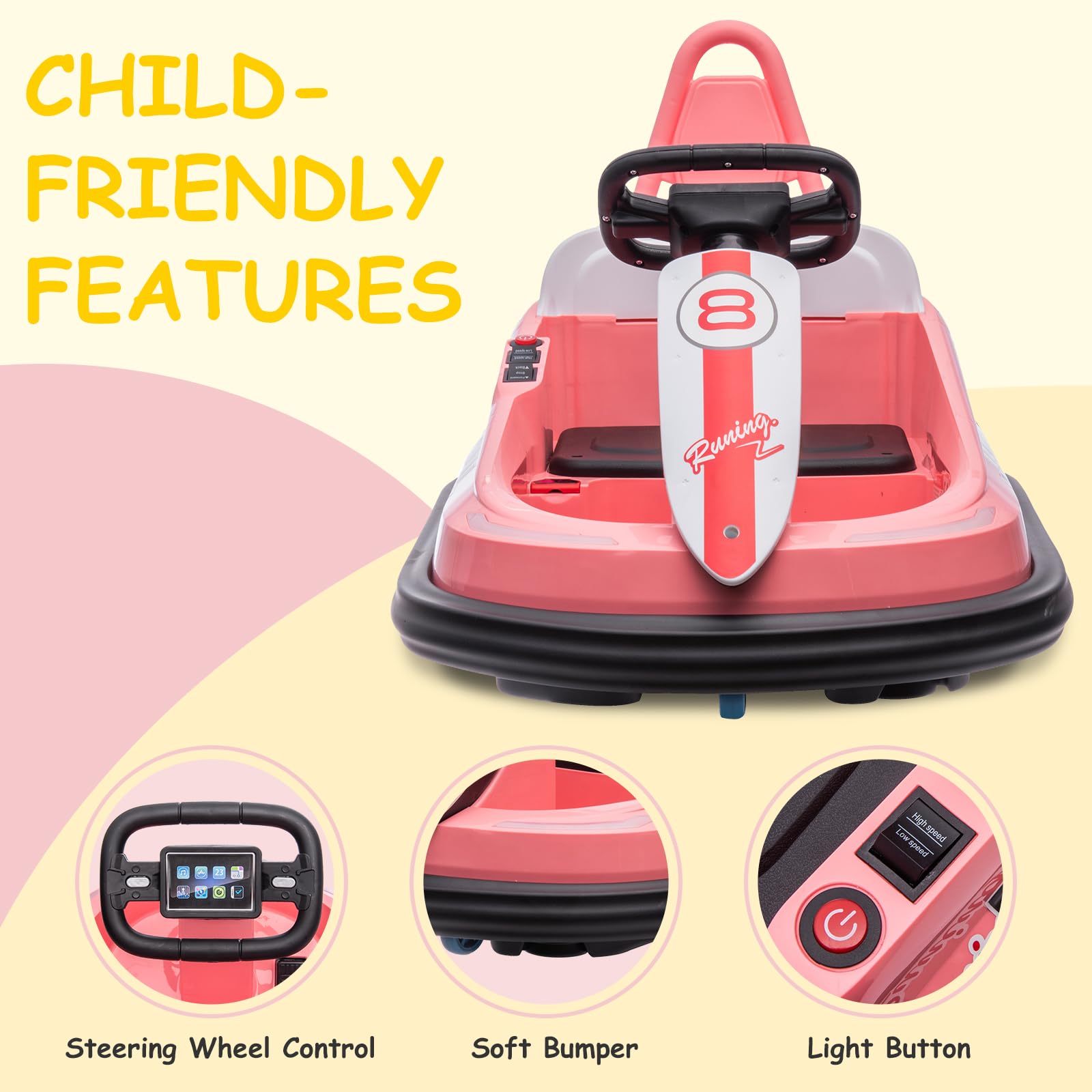 Garvee Ride - B Series: 6V Electric Ride On Toys for Kids 1.5-6 Years Old, Steering Wheel, 360 Degree Spin, 2-Speeds, Lights, Music & Horn, Safety Belts, Best for Birthday - Pink