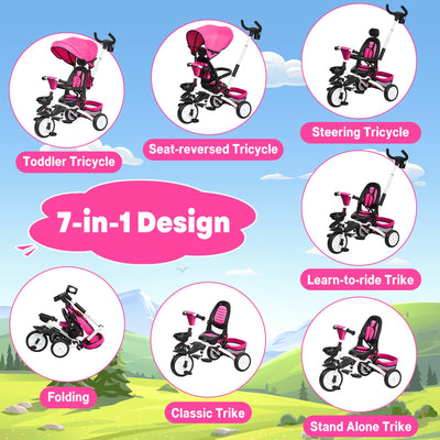 Garvee Baby Tricycle, 7 in 1 Folding Toddler Bike w/Removable Adjustable Push Handle, Canopy, Rotatable Seat, Safety Harness, Cup Holder & Storage, Trike for 1-5 Year Old, Tricycle for Toddlers - Rose Red