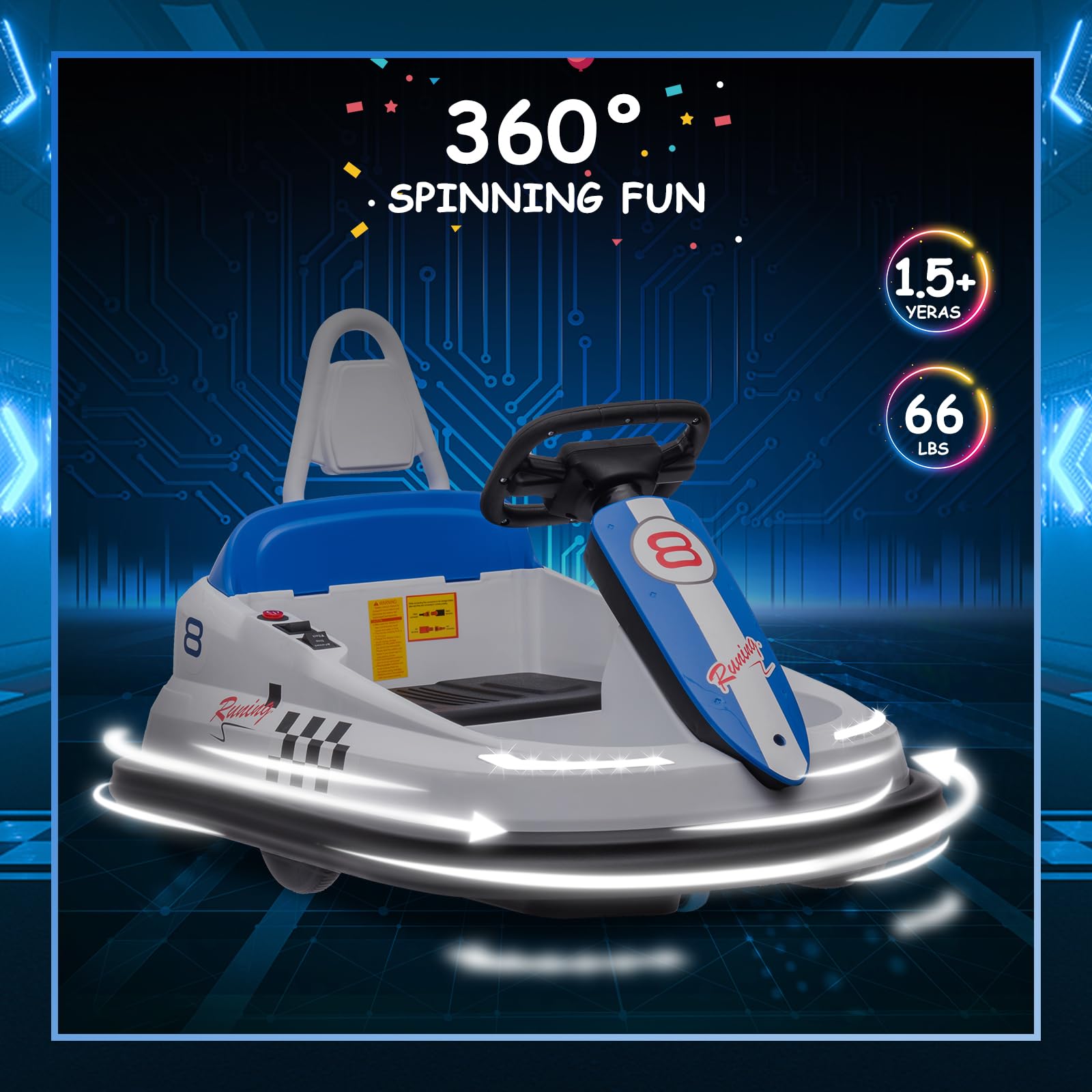 Garvee Ride - B Series: 6V Electric Ride On Toys for Kids 1.5-6 Years Old, Steering Wheel, 360 Degree Spin, 2-Speeds, Lights, Music & Horn, Safety Belts, Best for Birthday - White