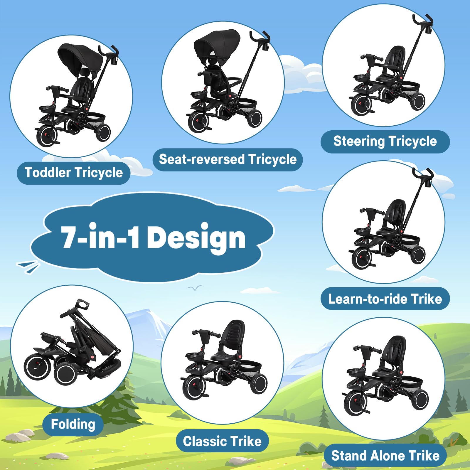 Garvee Baby Tricycle, 7 in 1 Folding Toddler Bike w/Removable Adjustable Push Handle, Canopy, Rotatable Seat, Safety Harness, Cup Holder & Storage, Trike for 1-5 Year Old, Tricycle for Toddlers