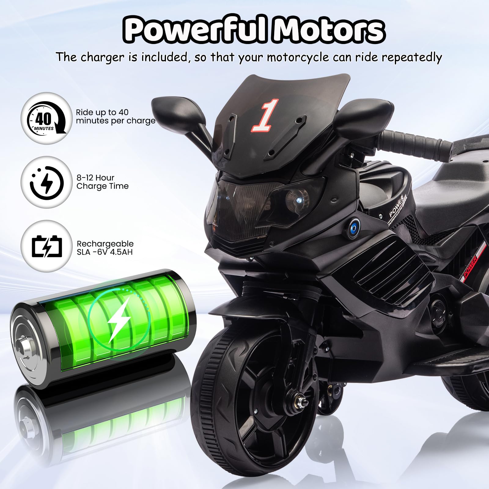 Garvee Kids 6V Ride On Motorcycle With Training Wheels For Toddlers, Black, 30.31" L x 14.96" W x 19.69" H