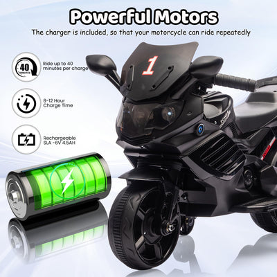 Garvee Kids 6V Ride On Motorcycle With Training Wheels For Toddlers, Black, 30.31" L x 14.96" W x 19.69" H