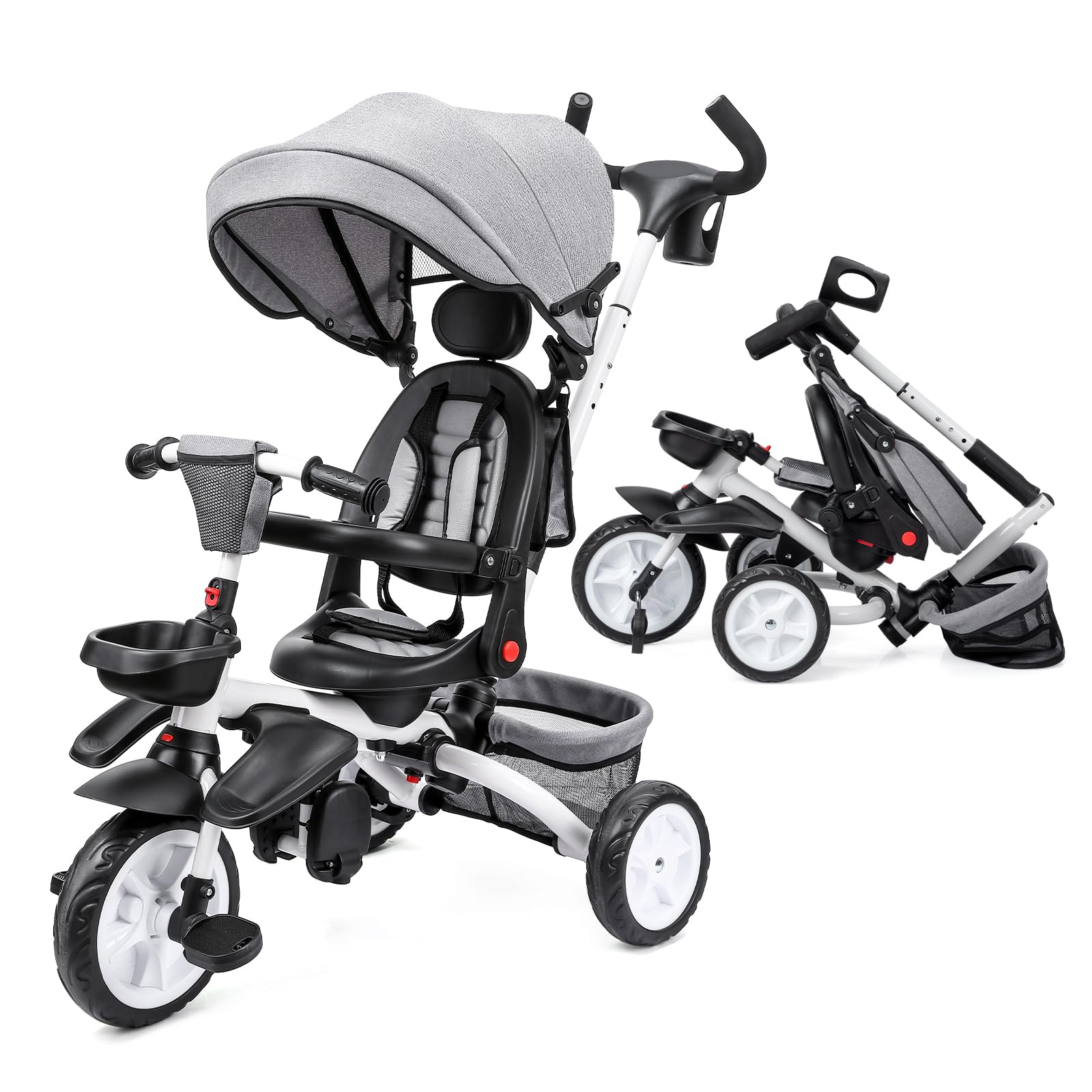Garvee 7-in-1 Baby Tricycle, Folding Toddler Trike, Adjustable Push Handle, Rotatable Seat, Safety Harness, All-Terrain Wheels, For 1-5 Year Olds (Gray)