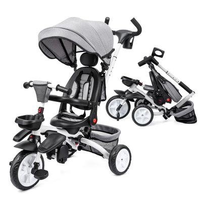 Garvee 7-in-1 Baby Tricycle, Folding Toddler Trike, Adjustable Push Handle, Rotatable Seat, Safety Harness, All-Terrain Wheels, For 1-5 Year Olds (Gray)