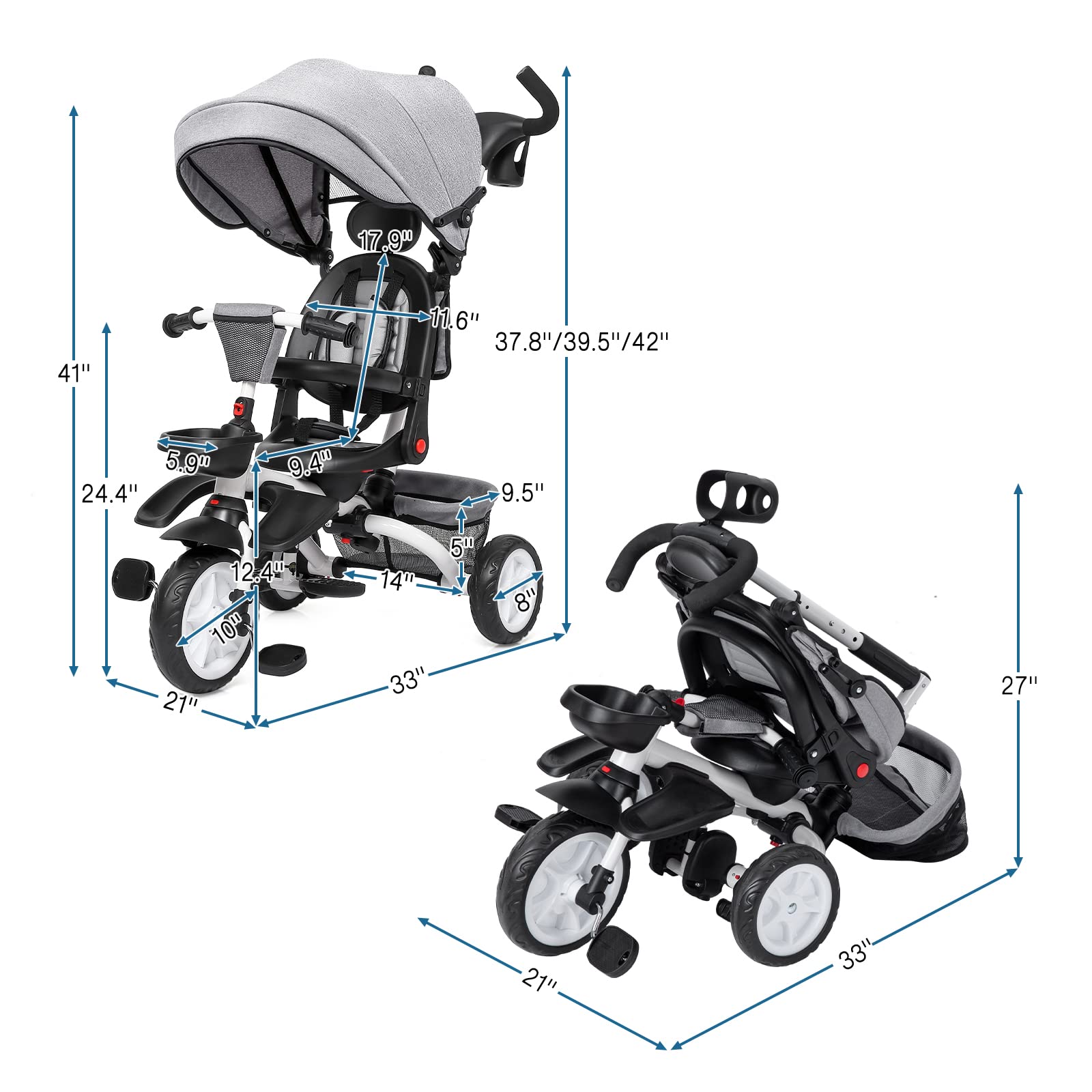 Garvee 7-in-1 Baby Tricycle, Folding Toddler Trike, Adjustable Push Handle, Rotatable Seat, Safety Harness, All-Terrain Wheels, For 1-5 Year Olds (Gray)