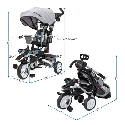 Garvee 7-in-1 Baby Tricycle, Folding Toddler Trike, Adjustable Push Handle, Rotatable Seat, Safety Harness, All-Terrain Wheels, For 1-5 Year Olds (Gray)