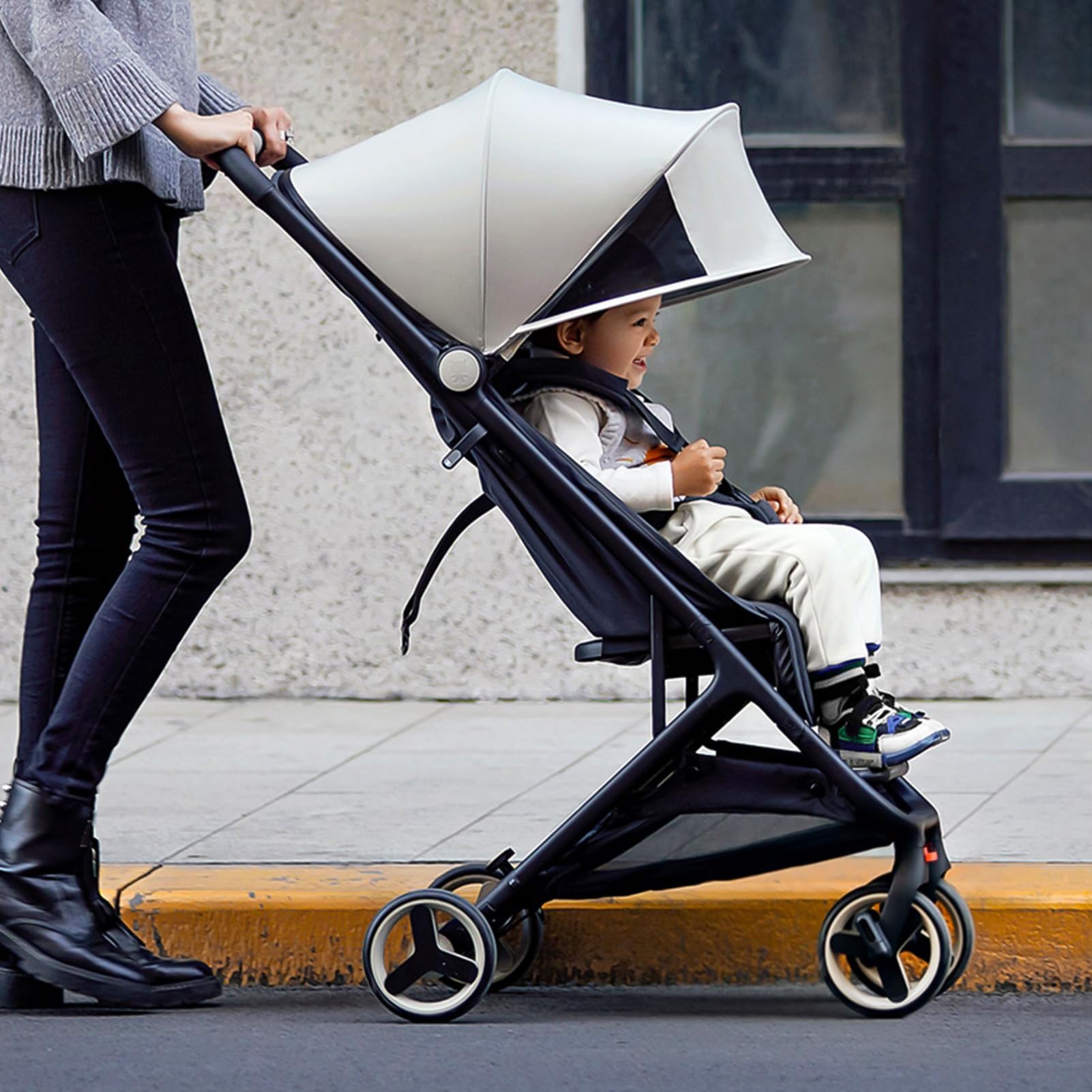 Garvee Lightweight Compact Stroller, One Hand Fold, Airplane Friendly, Reclining Seat, Canopy, Smooth Suspension, Travel Ready, Pink, Ideal for Travel - Beige