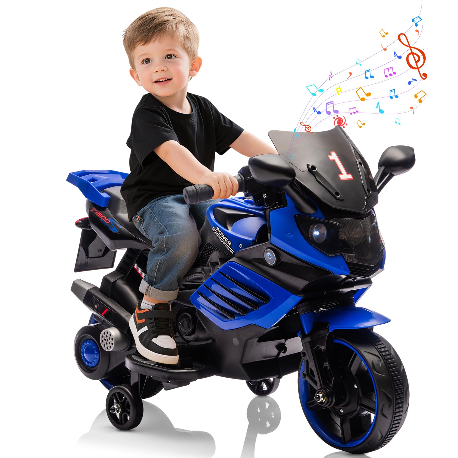 Garvee Kids 6V Ride On Motorcycle Battery Powered Ride On Toys with Training Wheels for Toddlers Blue 30.31" L x 14.96" W x 19.69" H