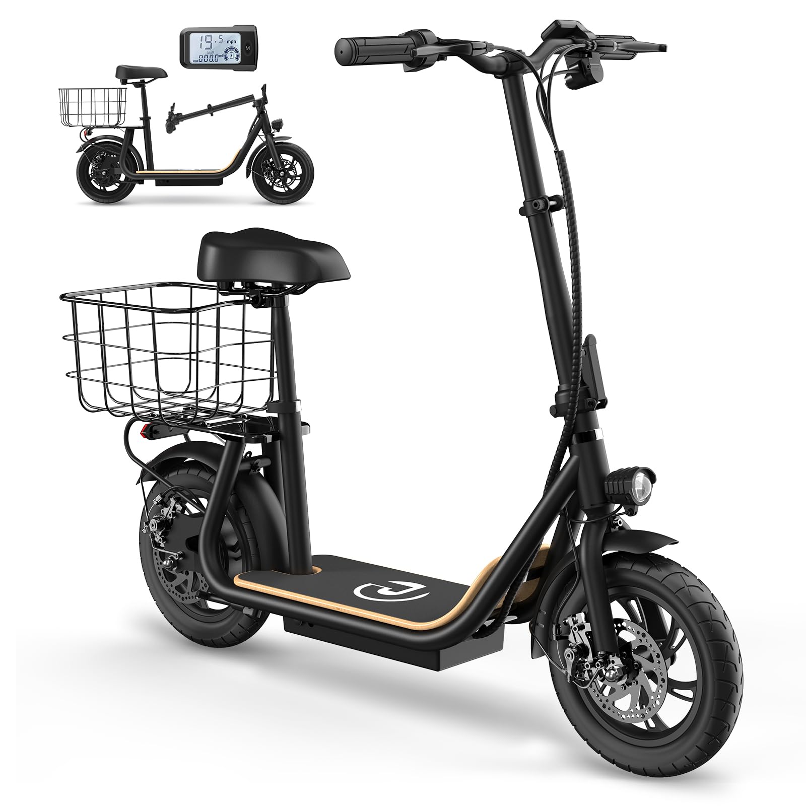 Garvee Electric Scooter for Adults, 12" Fat Tire Foldable Electric Bike with Seat and Basket, 500W Brushless Motor, Dual Brake System, 265lbs Max Load, 19 Mph 30 Miles Range, Smart LCD Display, Black