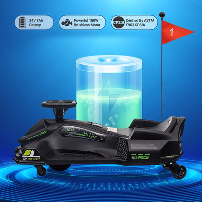 Garvee Ride - G Series: 24V Drift Go-Kart for Kids: Quality Metal, 7.5mph, LED, Music, for 8-12 Years Old - Black