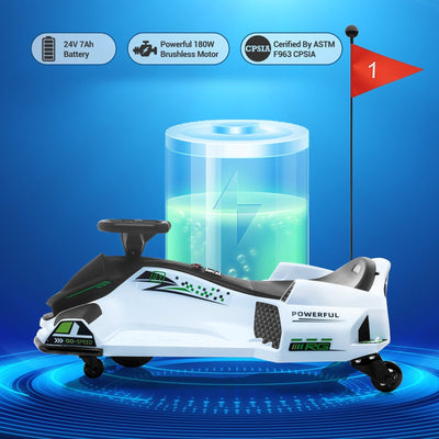 Garvee Ride - G Series: 24V Drift Go-Kart for Kids: Quality Metal, 7.5mph, LED, Music, for 8-12 Years Old - White