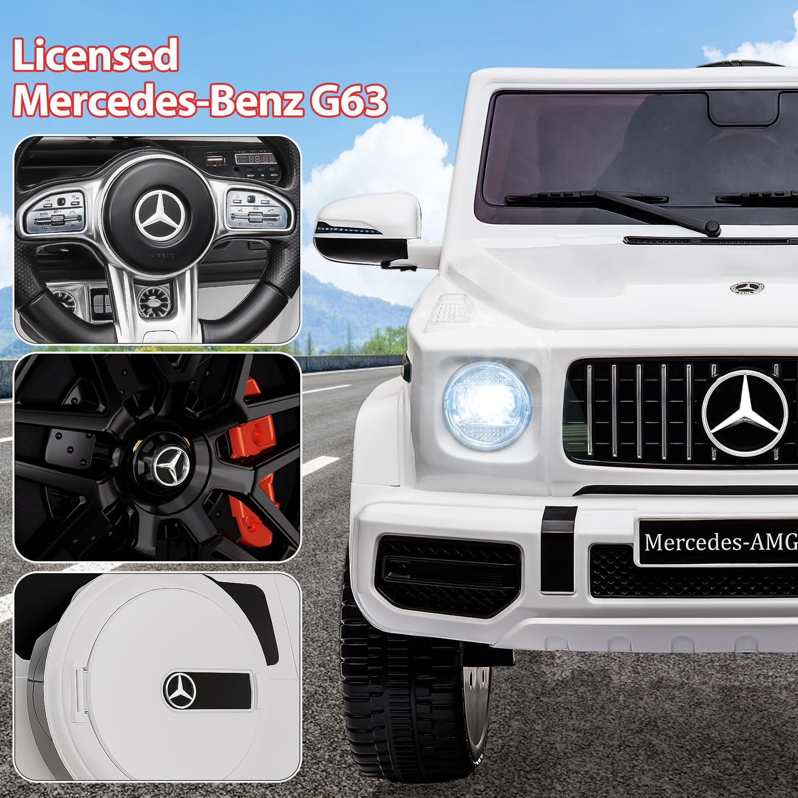 Garvee 12V Kids Ride on Car, Licensed Mercedes Benz G63 Electric Car w/Remote Control, Music, Spring Suspension, LED Light, Bluetooth, Horn, AUX, Safety Lock Battery Powered Electric Vehicle - White