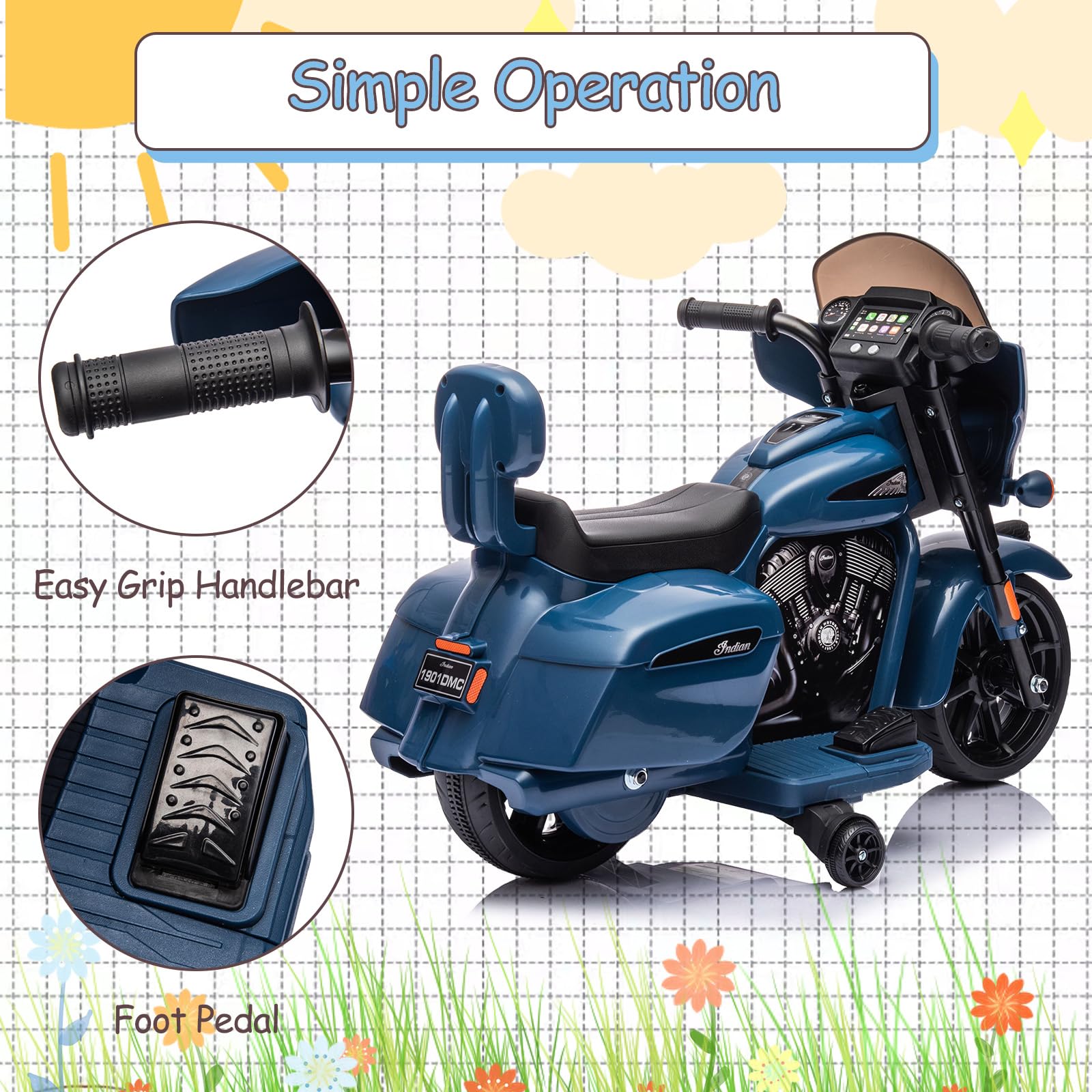 Garvee Ride - B Series: 6V Ride-On Motorcycle for Kids, Electric Dirt Bike with USB, Music, Headlight - Blue