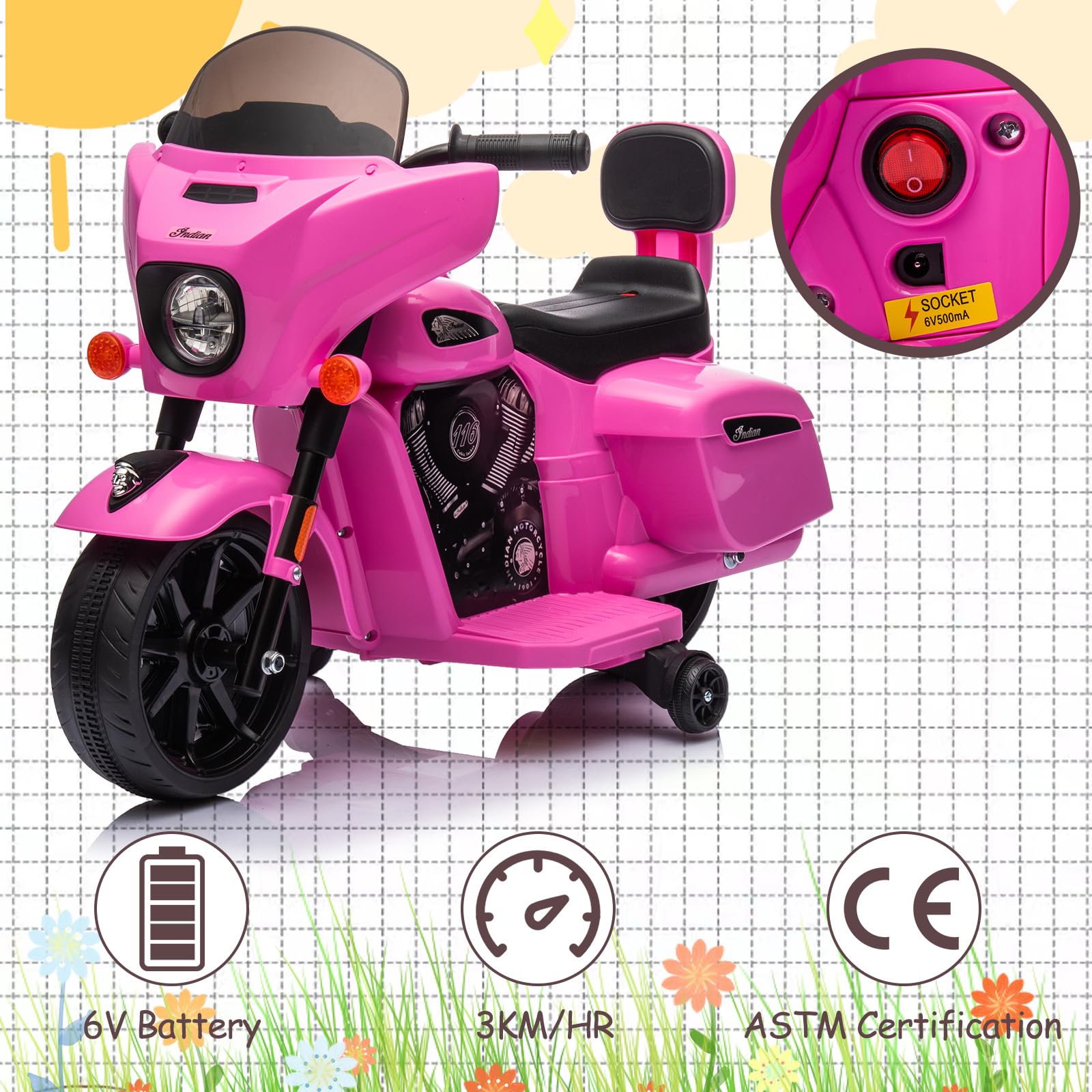 Garvee Ride - B Series: 6V Ride-On Motorcycle for Kids, Electric Dirt Bike with USB, Music, Headlight - Pink