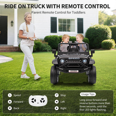 Garvee 12V Kids Ride On Truck Car with Parent Remote Control, 3 Speeds, Emergency Braking, LED Lights, Music & Horn, Black