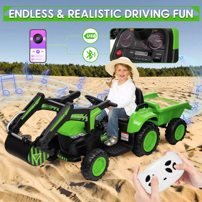 Garvee Ride - P Series: 12V 3 in 1 Ride on Excavator & Tractor with Detachable Trailer, Ride on Car Toy with Remote Control, Digger, LED Lights, Music, Kids Electric Vehicles for Boys Girls, Green