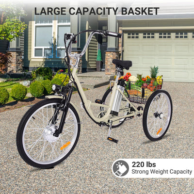 Garvee 26 Inch Adult Electric Tricycle Folding 7-Speed Electric Tricycle with Basket, 36V Detachable Battery, 250W Brushless Motor Suitable for Men and Women, Beige