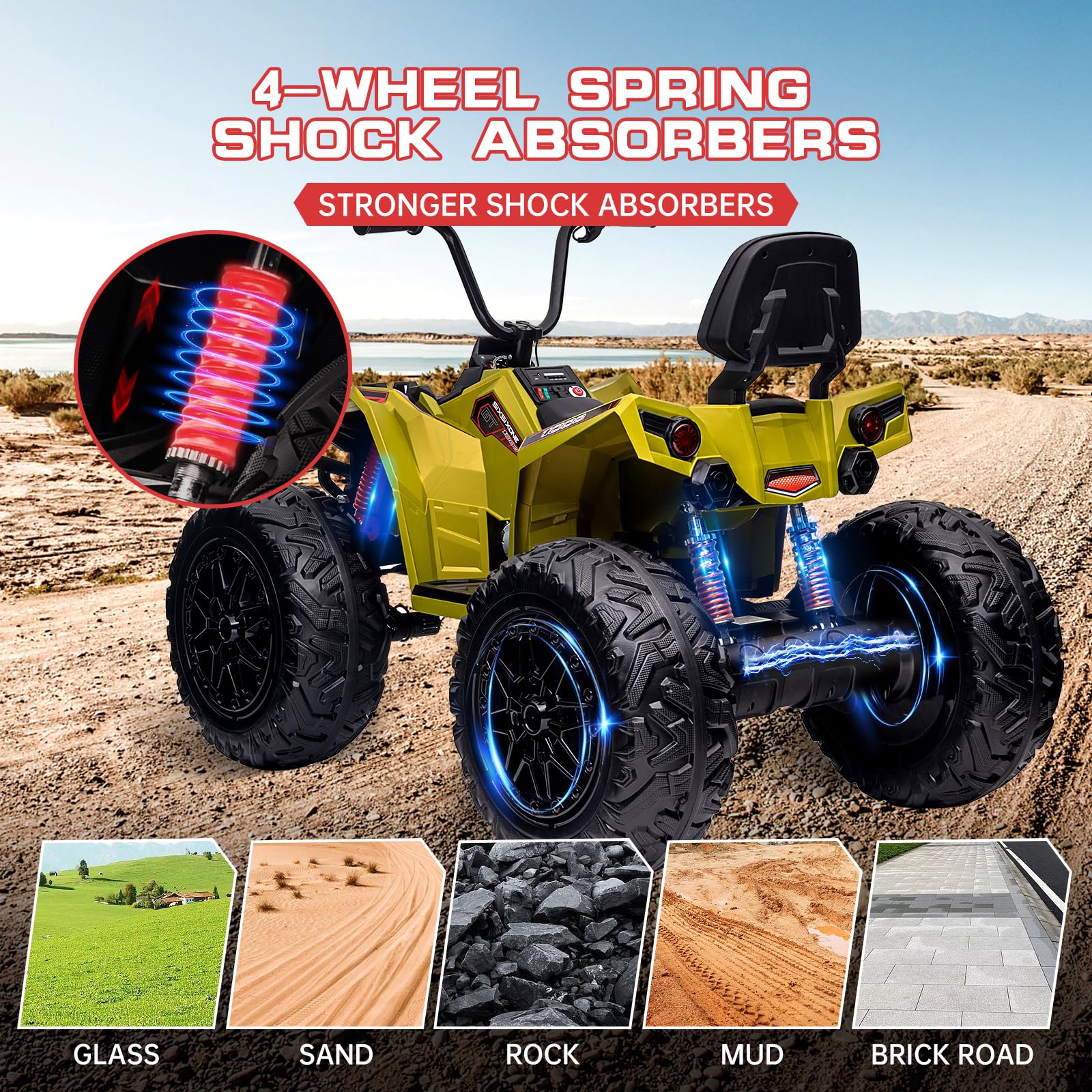Garvee Kids ATV Car, Garvee 24V Ride on Toy 4WD Quad Electric Vehicle, 4x80W Powerful Engine, w/7AHx2 Large Battery, Accelerator Handle, Full Metal Suspensions, EVA Tires, LED Light, Bluetooth & Music, Green