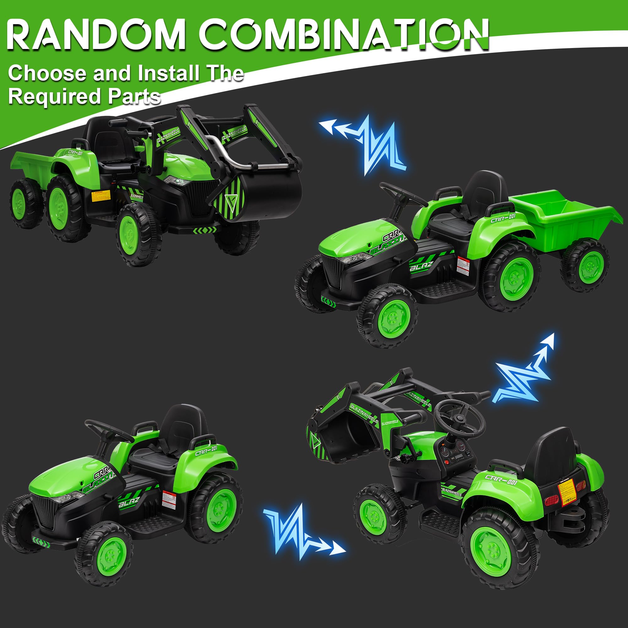 Garvee Ride - P Series: 12V 3 in 1 Ride on Excavator & Tractor with Detachable Trailer, Ride on Car Toy with Remote Control, Digger, LED Lights, Music, Kids Electric Vehicles for Boys Girls, Green