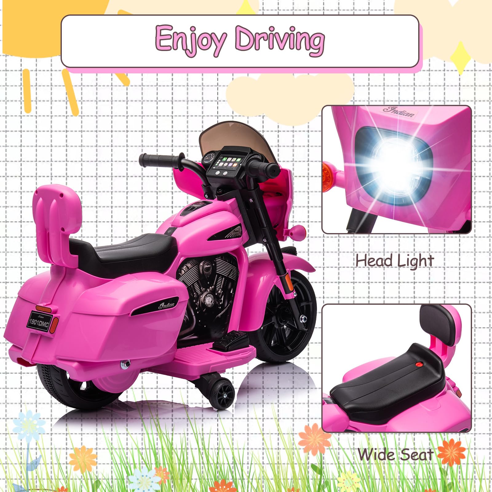 Garvee Ride - B Series: 6V Ride-On Motorcycle for Kids, Electric Dirt Bike with USB, Music, Headlight - Pink