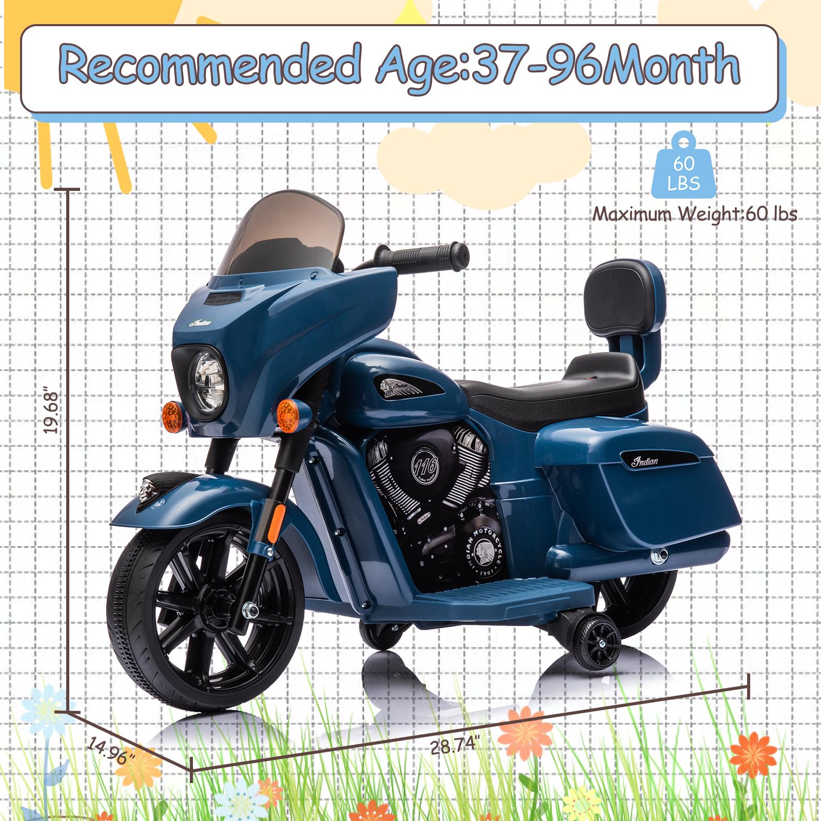 Garvee Ride - B Series: 6V Ride-On Motorcycle for Kids, Electric Dirt Bike with USB, Music, Headlight - Blue