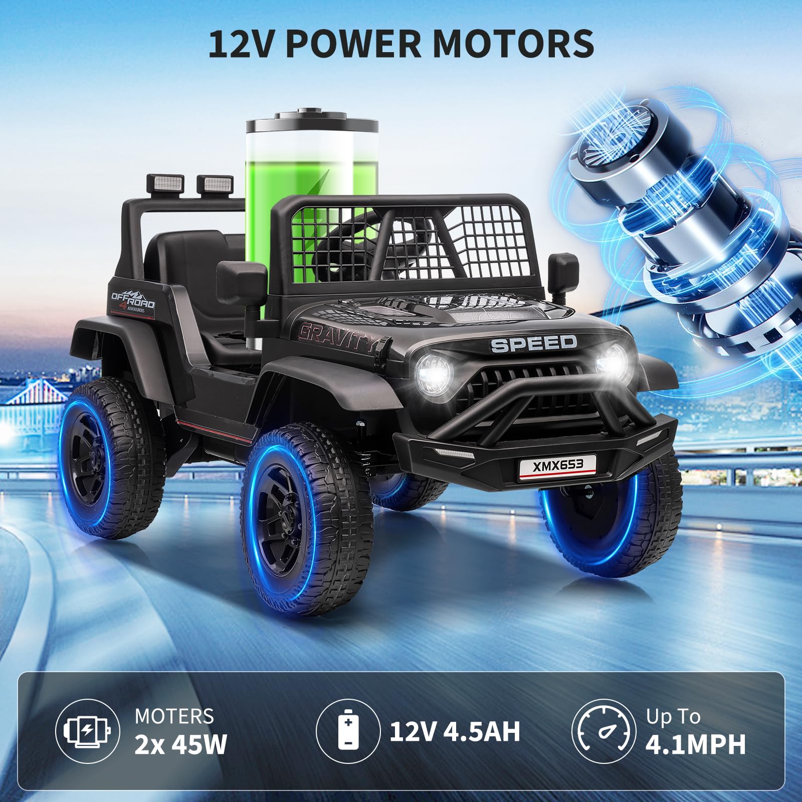Garvee 12V Kids Ride On Truck Car with Parent Remote Control, 3 Speeds, Emergency Braking, LED Lights, Music & Horn, Black
