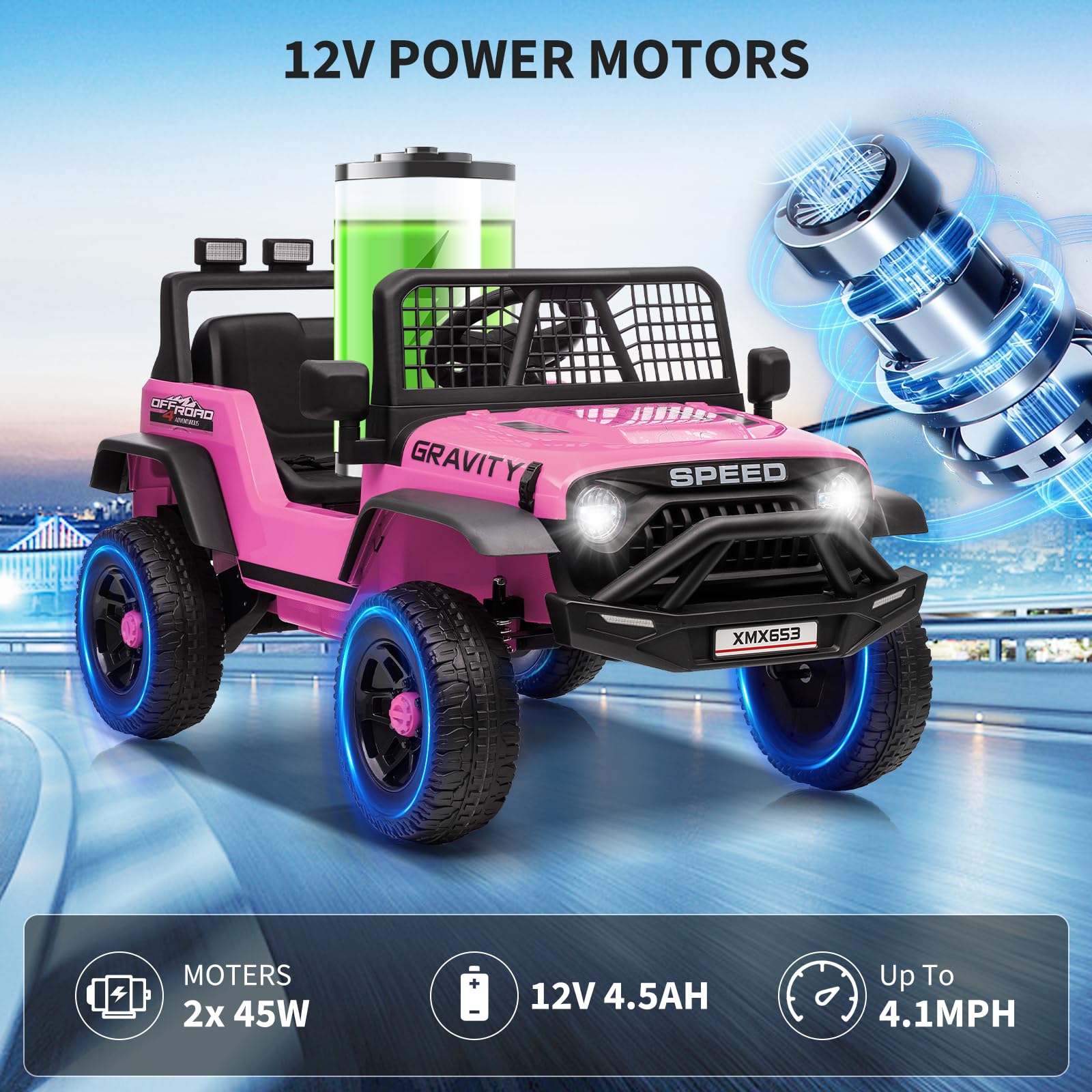 Garvee 12V Kids Ride On Truck Car with Parent Remote Control, 3 Speeds, Emergency Braking, LED Lights, Music & Horn, Pink for Boys and Girls Outdoor Adventures