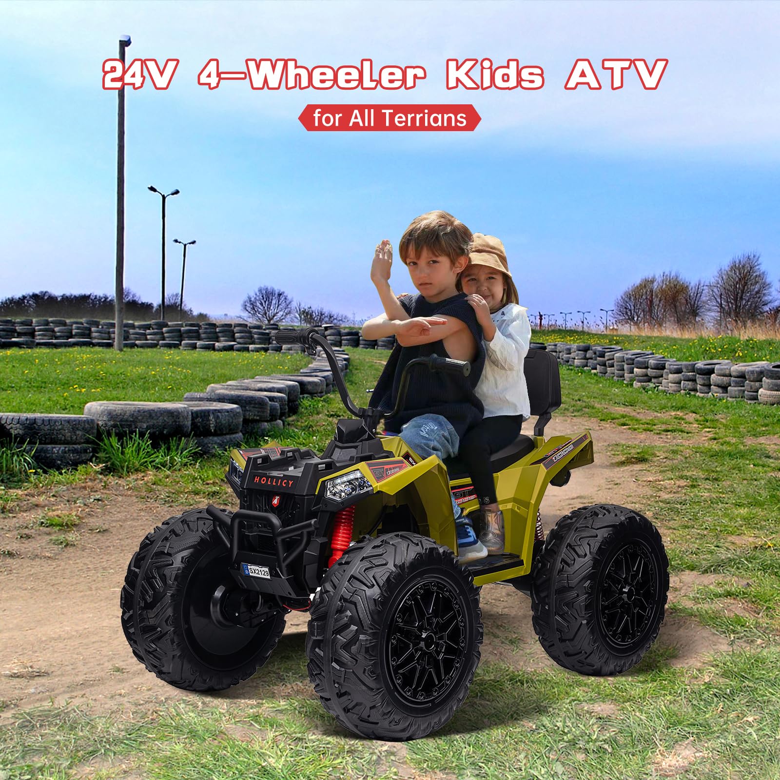 Garvee Kids ATV Car, Garvee 24V Ride on Toy 4WD Quad Electric Vehicle, 4x80W Powerful Engine, w/7AHx2 Large Battery, Accelerator Handle, Full Metal Suspensions, EVA Tires, LED Light, Bluetooth & Music, Green