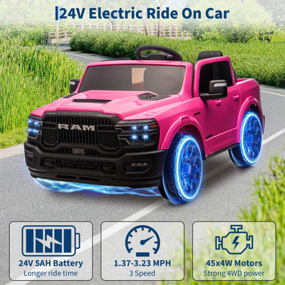 Garvee 24V Ride On Toys Licensed RAM 2500, 2 Seater Kids Ride On Truck Car, Pink, Spacious Truck Bed, LED Lights, Bluetooth, Suspension, 3 Speed