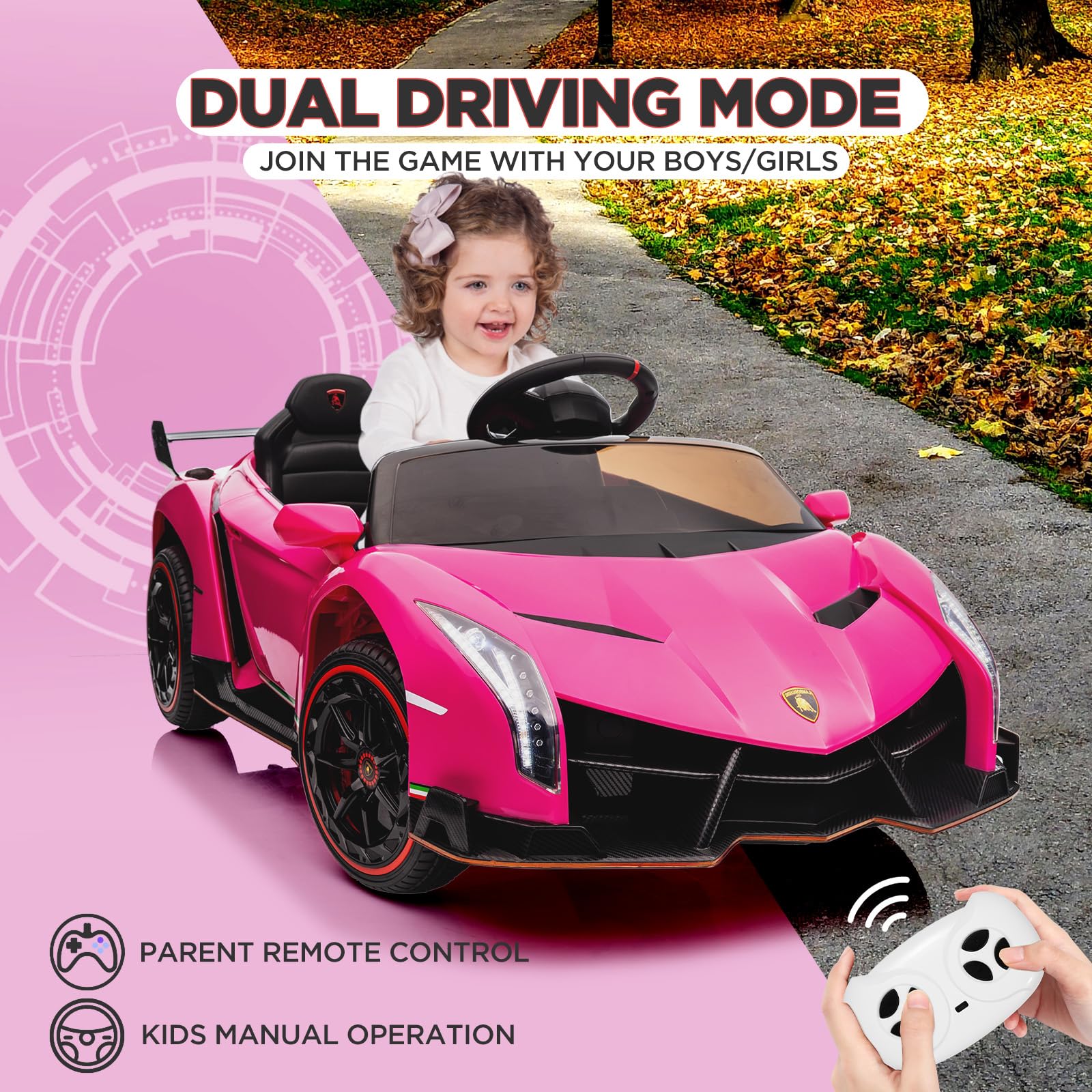 Garvee 12V Kids Ride On Car, Licensed Lamborghini Venono Electric Car w/Parent Remote Control, Scissor Door, 3 Speeds, LED Headlights, Rocking & Music, Battery Powered Ride on Toy for Boys Girls- Pink