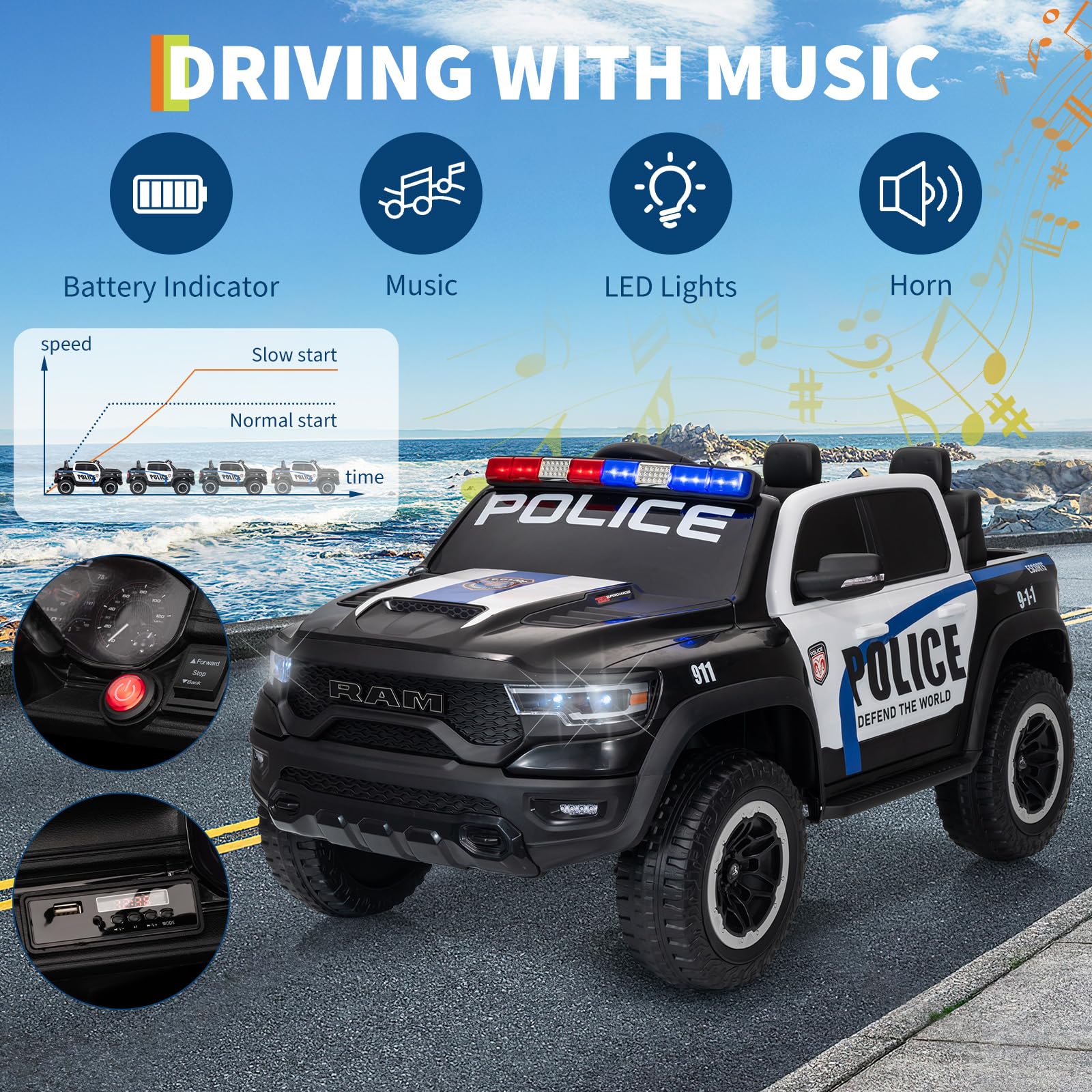 Garvee 12V Electric Ride On Truck for Kids Licensed RAM Pickup Truck Dual Motor Remote Control LED Lights Music Storage