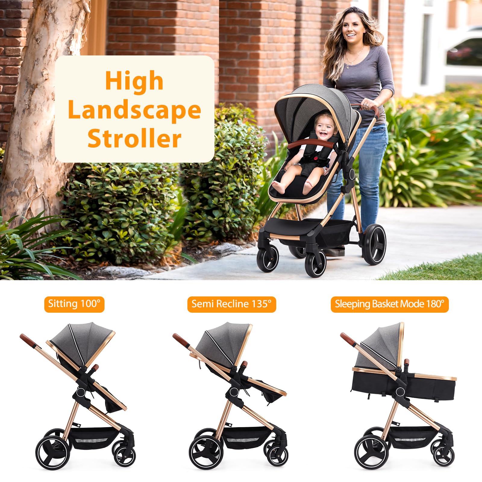 Garvee Baby Stroller for Toddler.Foldable Aluminum Alloy Pushchair with Adjustable Backrest.Bassinet Stroller Adjustable Direction & High Landscape Infant Stroller Gray