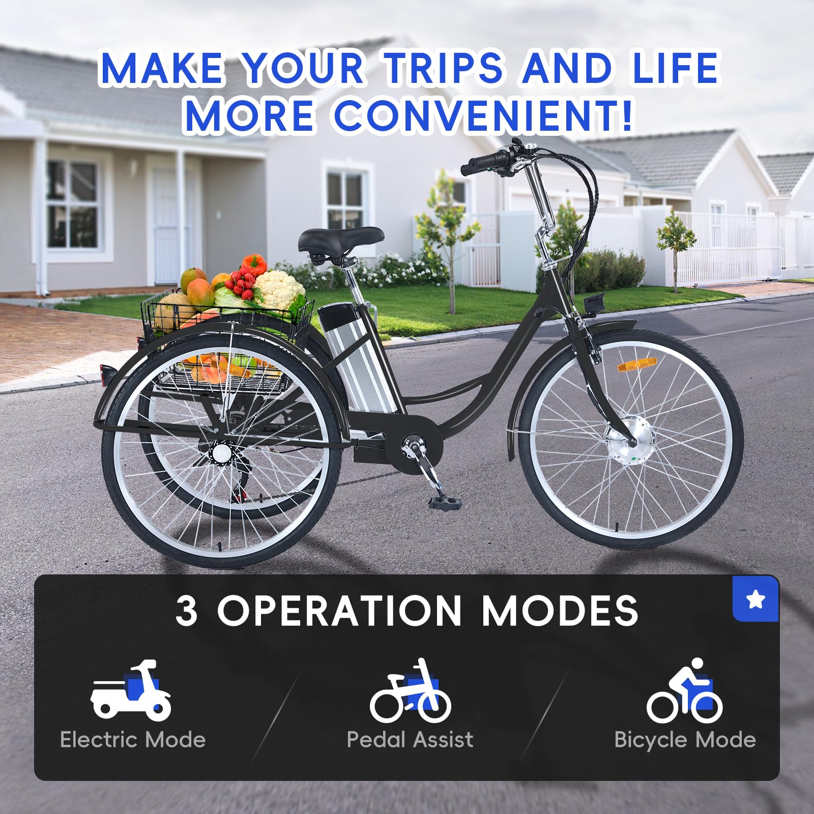 Garvee Adult Tricycle, 7 Speed Tricycle for Adults, 26 inch 3 Wheel Bikes for Adults with Baskets, Adult Tricycles for Women Seniors Men, Three Wheel Bike for Adults, 330 lb Black