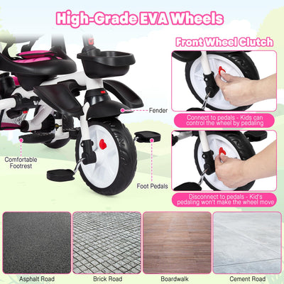 Garvee Baby Tricycle, 7 in 1 Folding Toddler Bike w/Removable Adjustable Push Handle, Canopy, Rotatable Seat, Safety Harness, Cup Holder & Storage, Trike for 1-5 Year Old, Tricycle for Toddlers - Rose Red