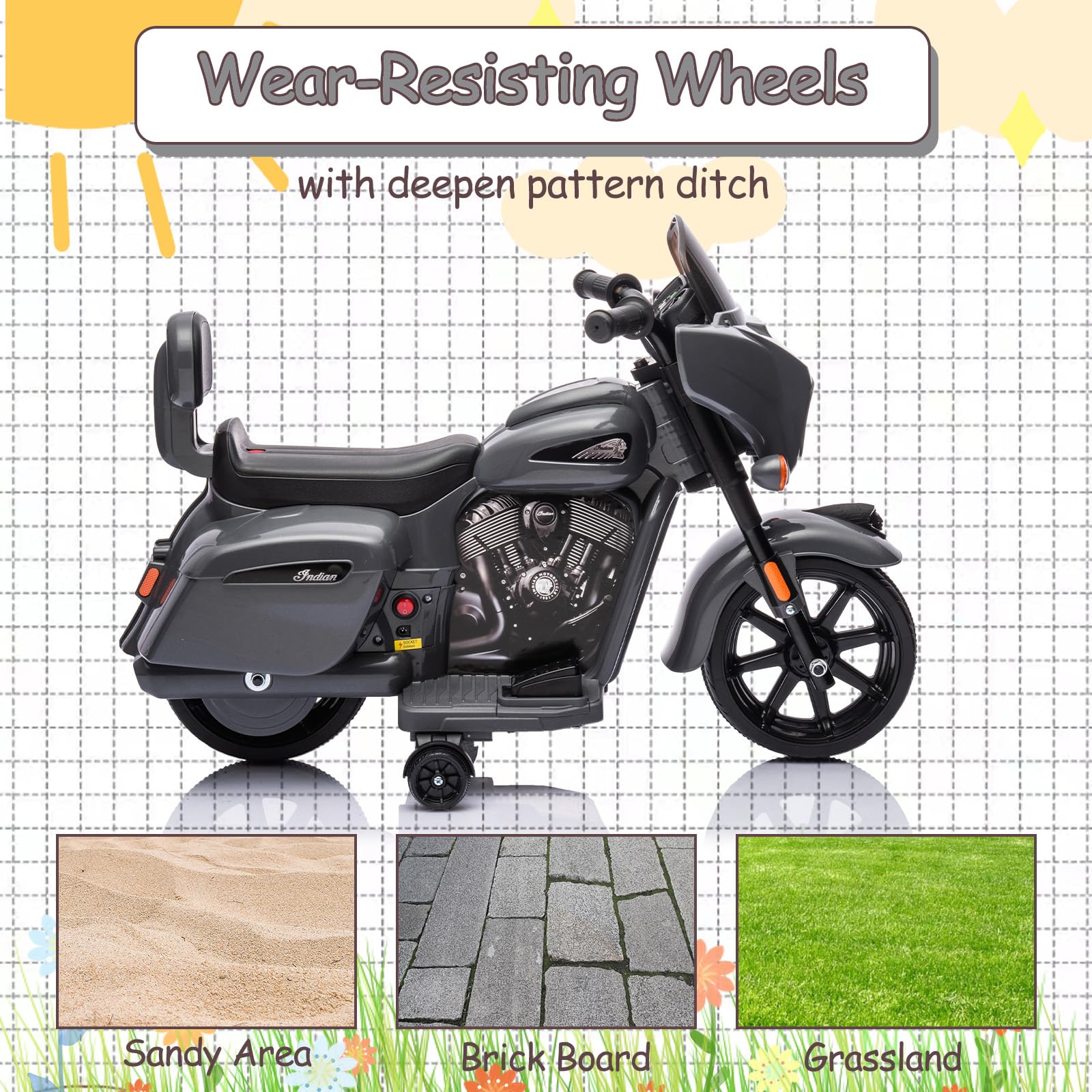 Garvee Ride - B Series: 6V Ride-On Motorcycle for Kids, Electric Dirt Bike with USB, Music, Headlight - Grey