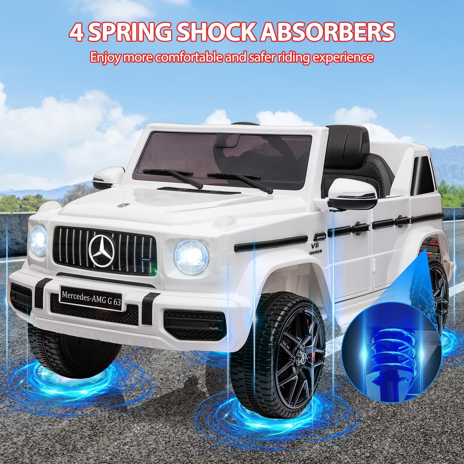 Garvee 12V Kids Ride on Car, Licensed Mercedes Benz G63 Electric Car w/Remote Control, Music, Spring Suspension, LED Light, Bluetooth, Horn, AUX, Safety Lock Battery Powered Electric Vehicle - White