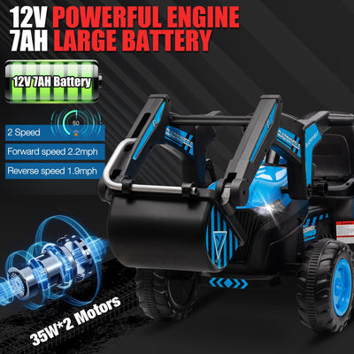 Garvee Ride - P Series: 12V 3 in 1 Ride on Excavator & Tractor with Detachable Trailer, Ride on Car Toy with Remote Control, Digger, LED Lights, Music, Kids Electric Vehicles for Boys Girls, Blue