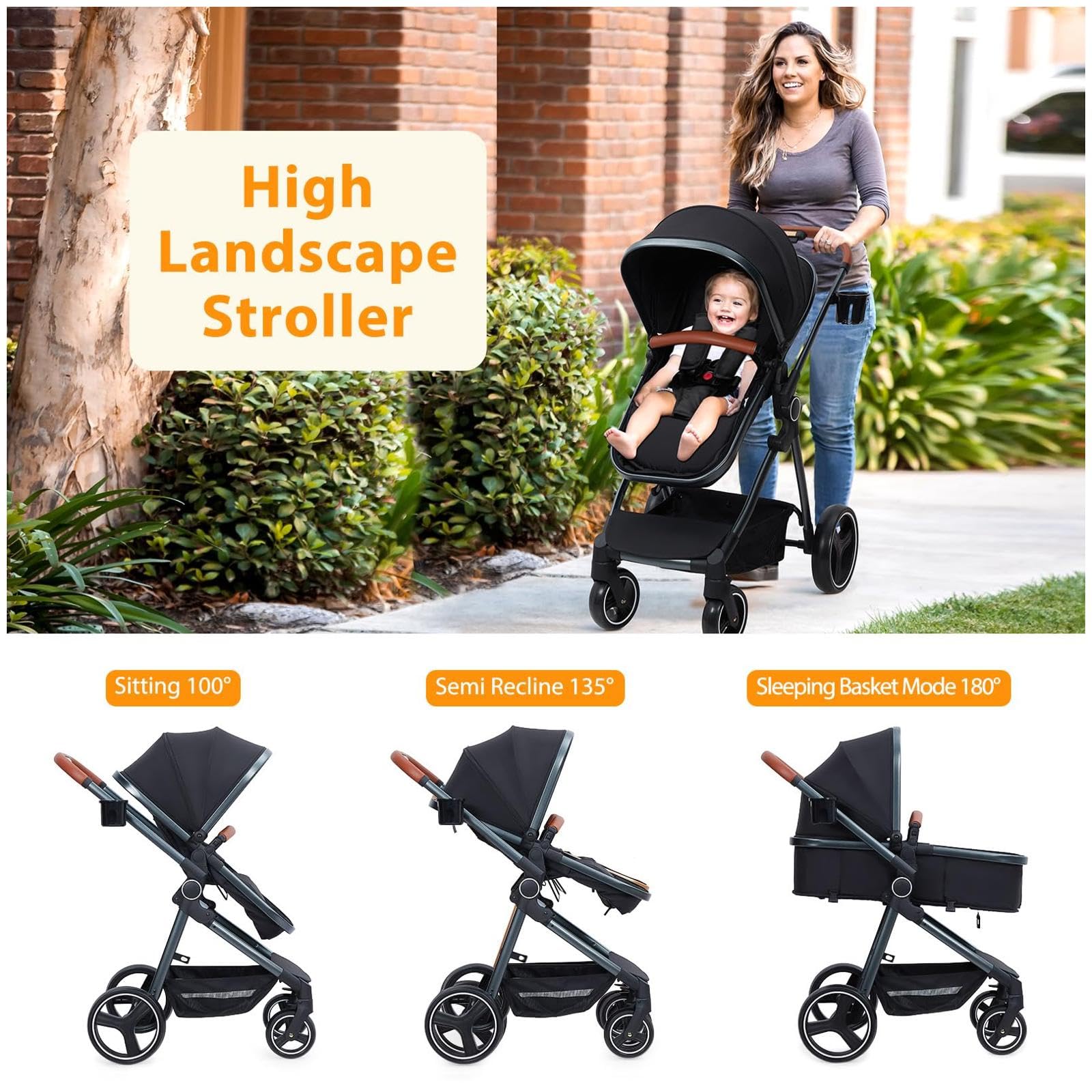 Garvee Convertible Baby Stroller with Bassinet Mode Luxury Aluminum Structure 5-Point Harness Black