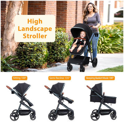 Garvee Convertible Baby Stroller with Bassinet Mode Luxury Aluminum Structure 5-Point Harness Black