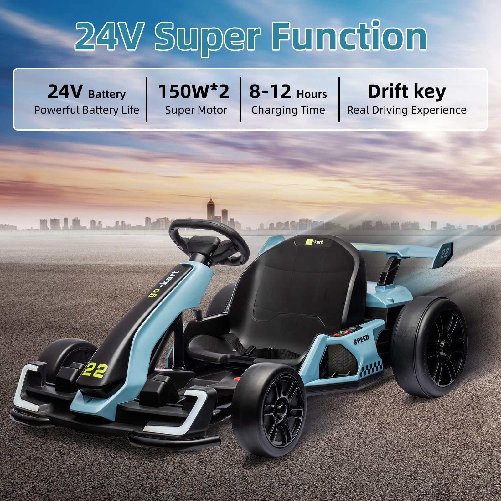 Garvee Ride - G Series: 24V Electric Go Kart, with 300W Strong Motor, Drift/Sport Mode, Big Battery, Eva Tire,Length Adjustment for Outdoor Racing Toy-Blue