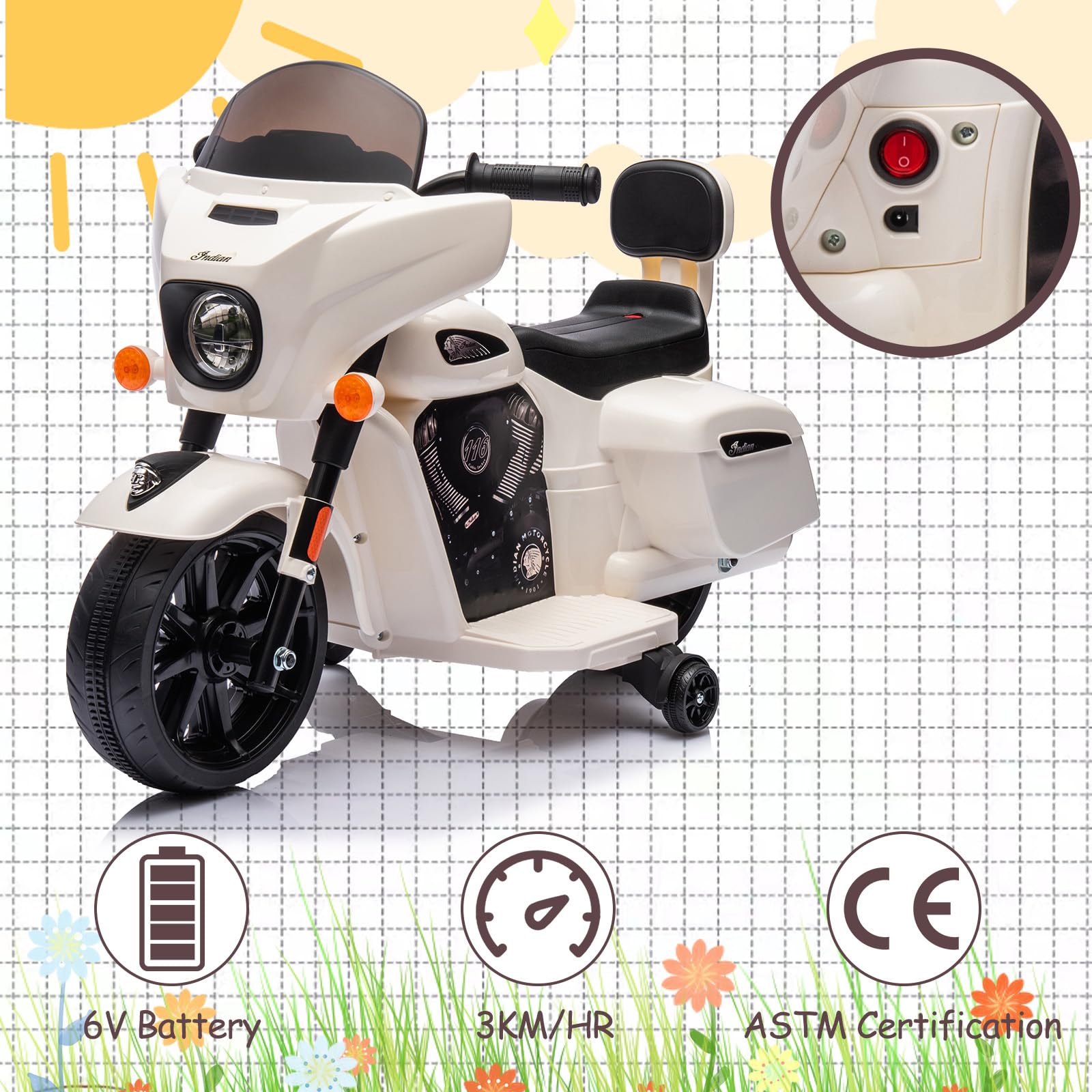 Garvee Ride - B Series: 6V Ride-On Motorcycle for Kids, Electric Dirt Bike with USB, Music, Headlight - White
