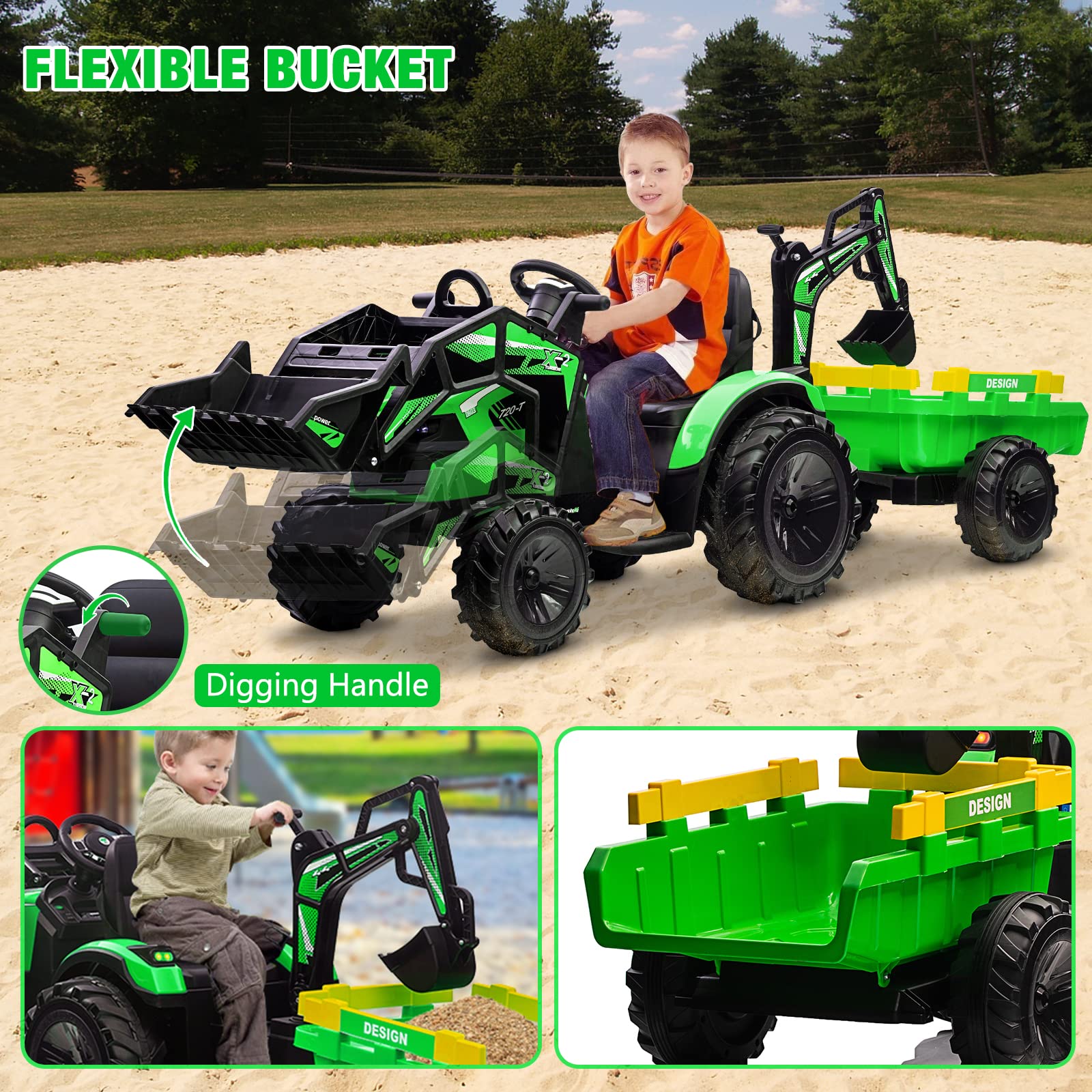 Garvee 3-in-1 Ride-On Tractor For Kid Age 3+,max 66 lbs, 24V Electric, Excavator & Bulldozer, Remote Control, LED, Music, USB/Bluetooth