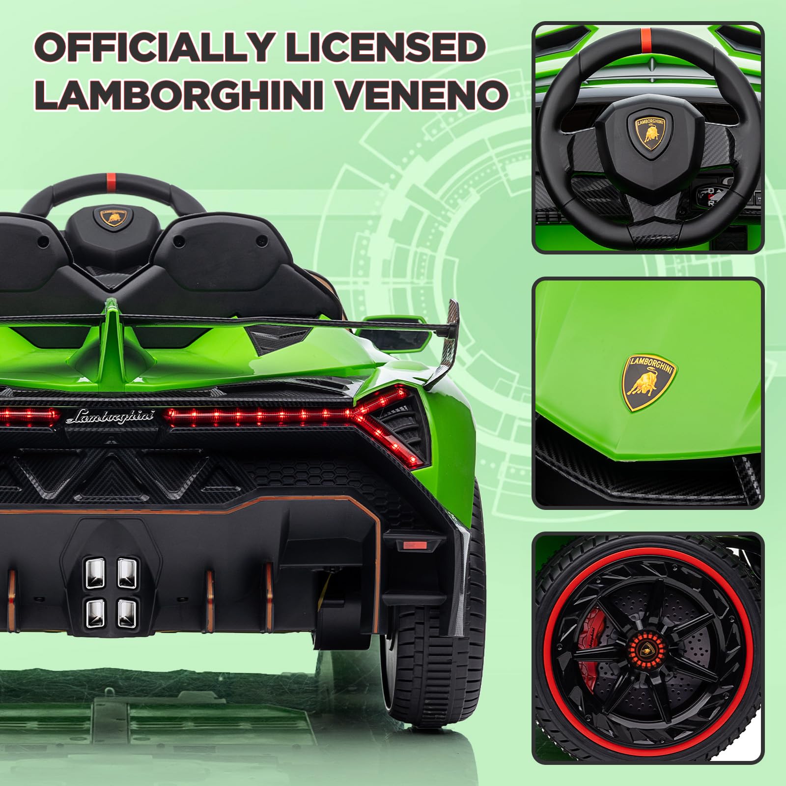 Garvee 12V Kids Ride On Car, Licensed Lamborghini Venono Electric Car w/Parent Remote Control, Scissor Door, 3 Speeds, LED Headlights, Rocking & Music, Battery Powered Ride on Toy for Boys Girls- Green
